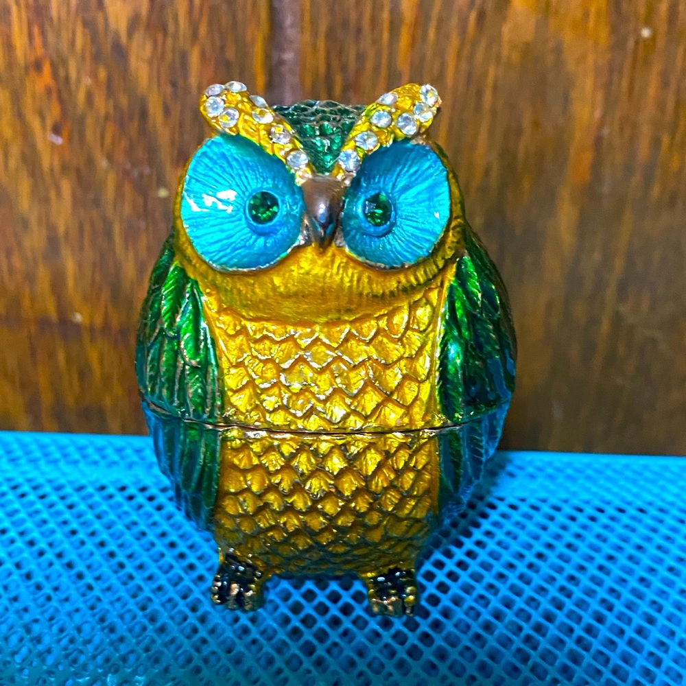 SALE! 🦉 Bejeweled Owl Enamel & Rhinestone Embellished Hinged Trinket Box 🦉
